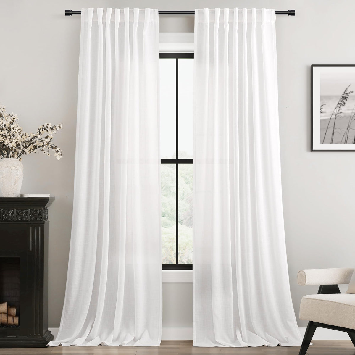 White 2 Panels Back Tab Light Filtering Cotton Textured Curtains D786
