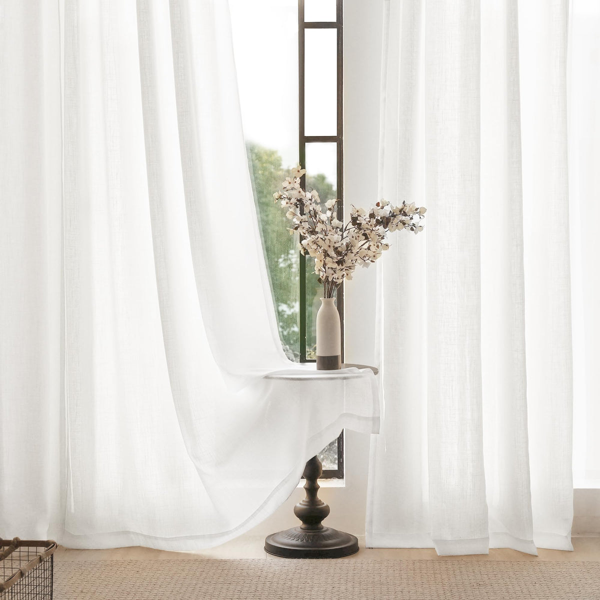 White 2 Panels Back Tab Light Filtering Cotton Textured Curtains D786