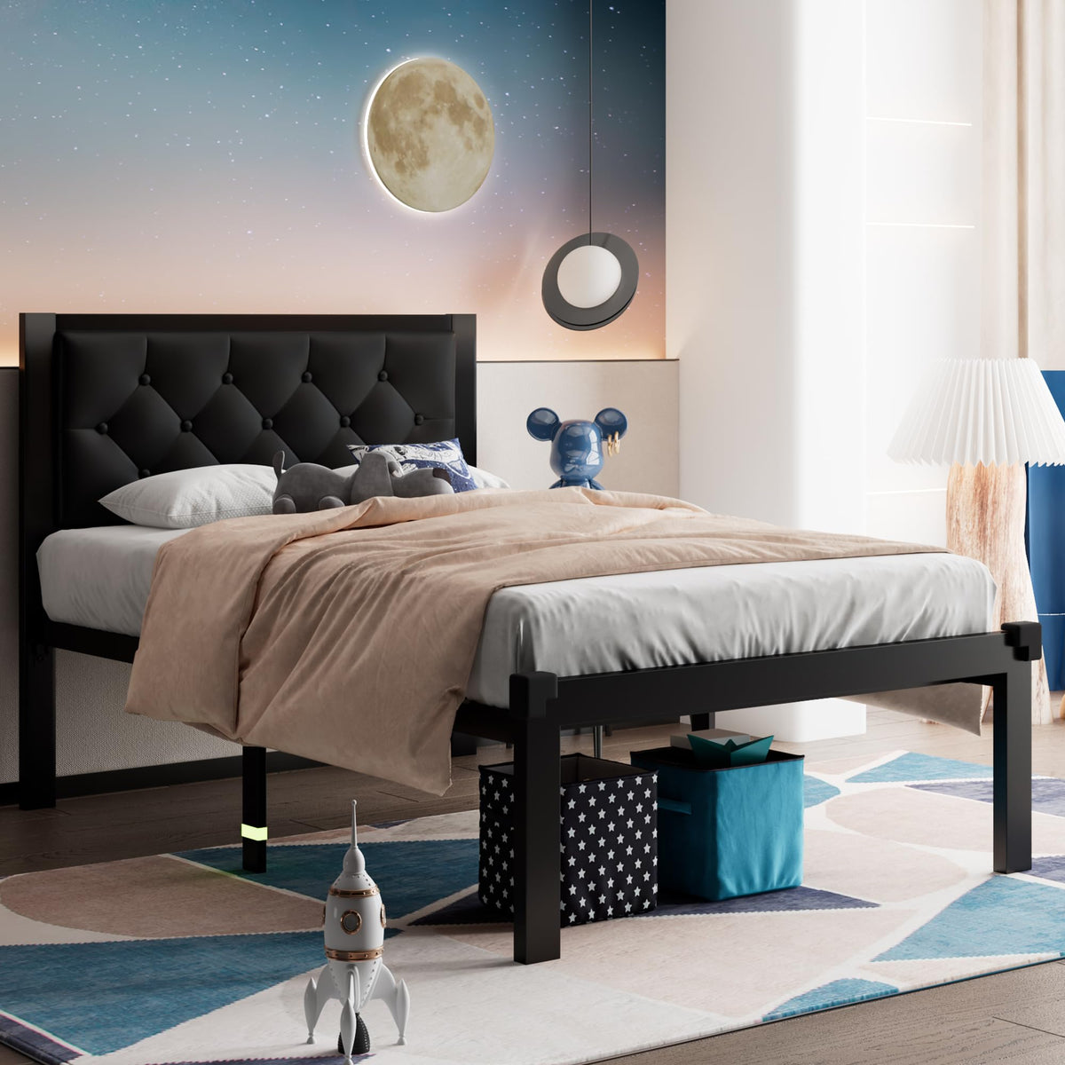 Twin Size Black Metal Platform Bed Frame with Faux Leather Tufted Headboard F8072