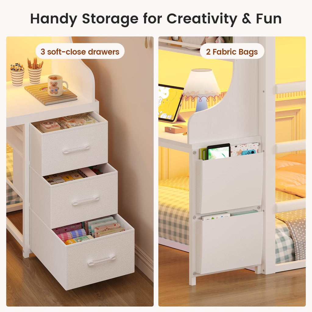White Twin Over Twin Low Bunk Bed with Desk & 3 Storage Drawers J8485