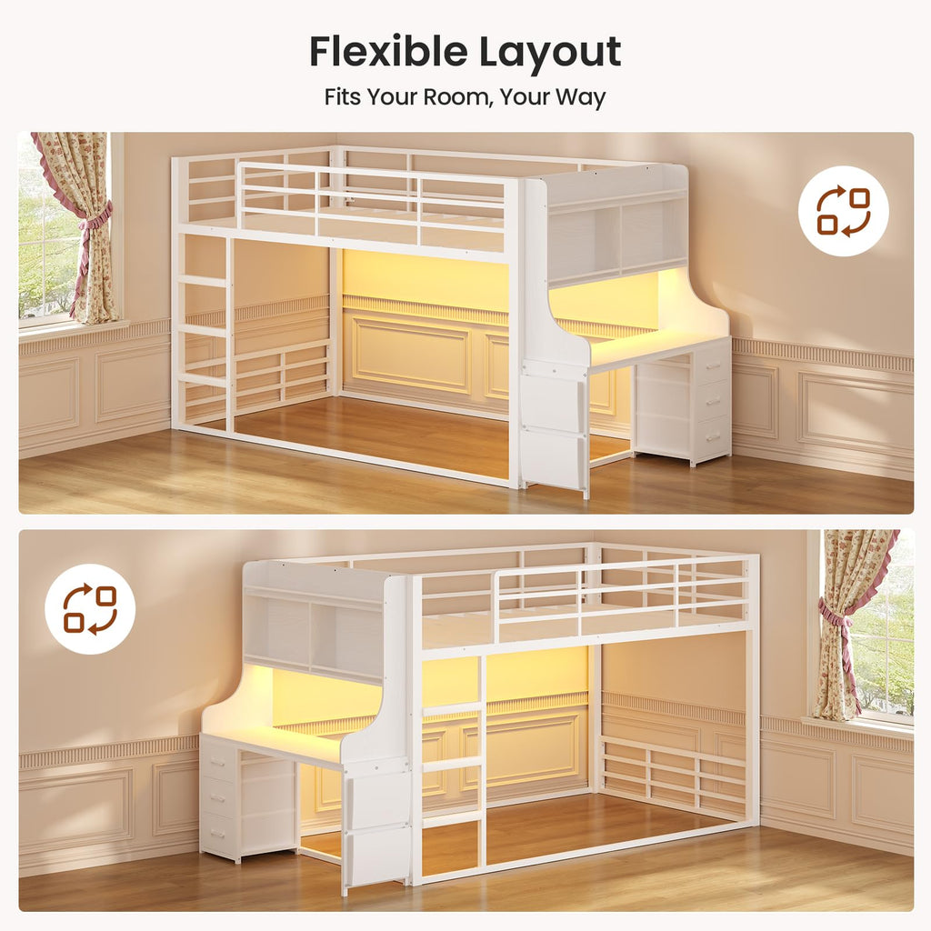 White Twin Over Twin Low Bunk Bed with Desk & 3 Storage Drawers J8485