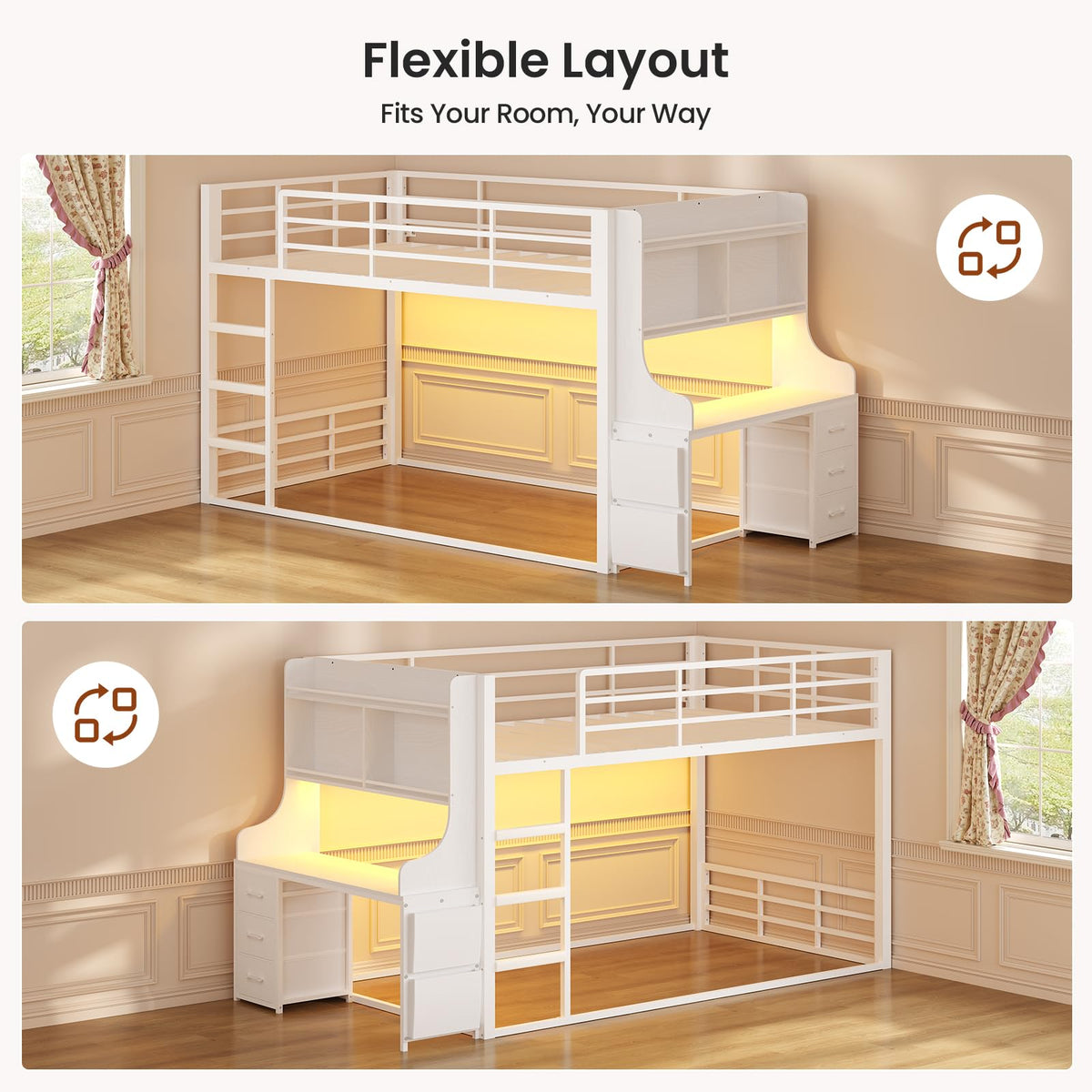 White Twin Over Twin Low Bunk Bed with Desk & 3 Storage Drawers J8485