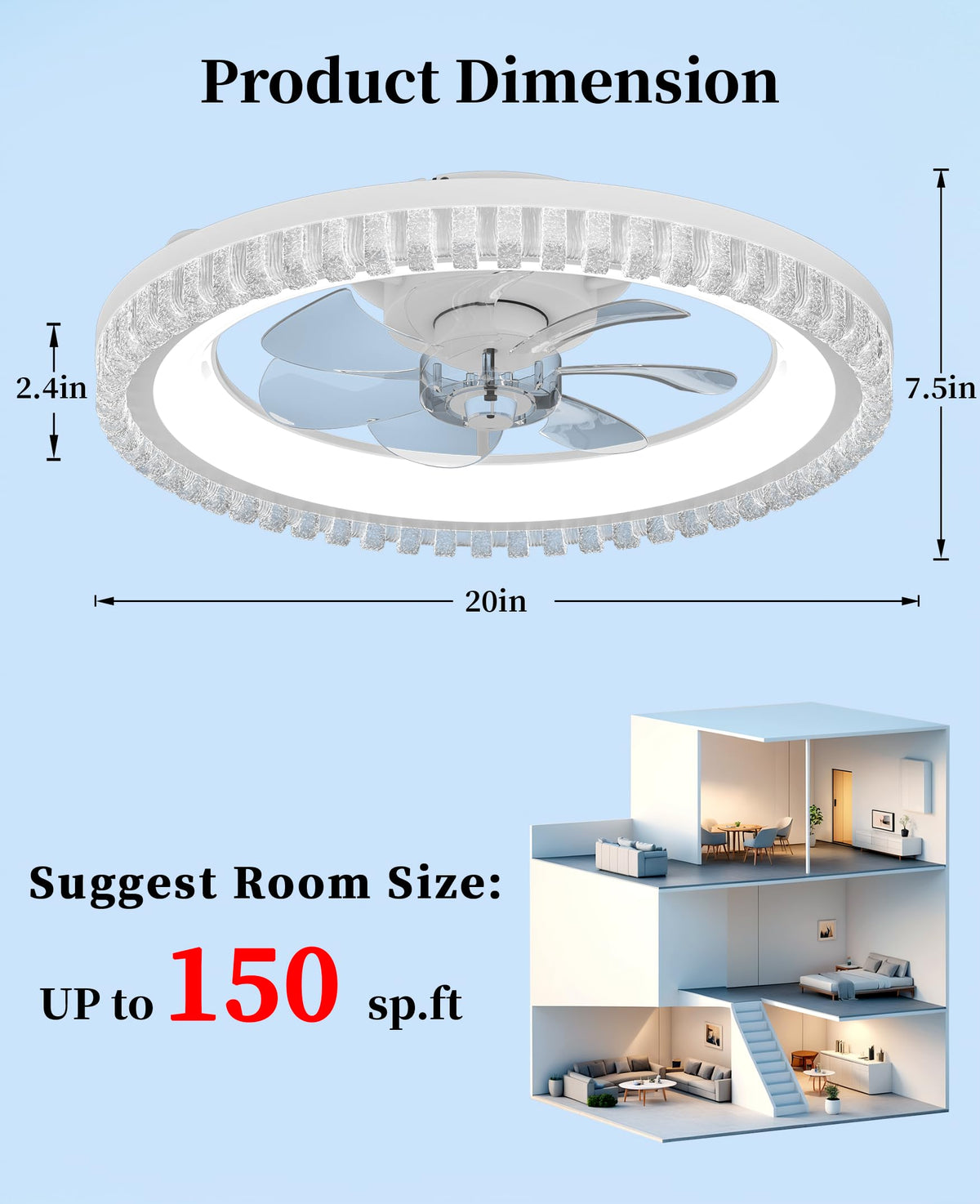 20" White Flush Mount Ceiling Fan with Light A9037
