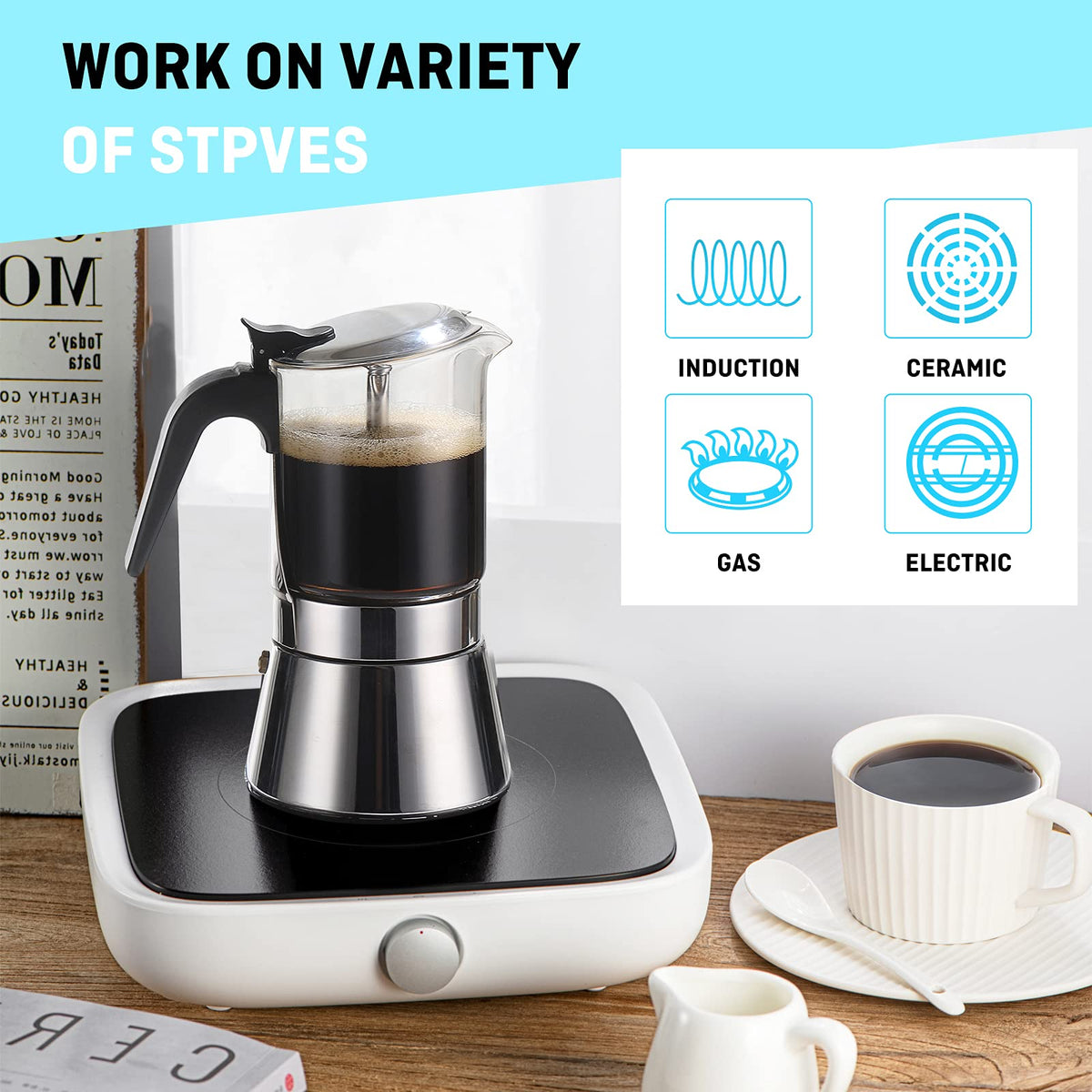 Induction Stovetop Espresso Maker 240ml 6cup Q874485