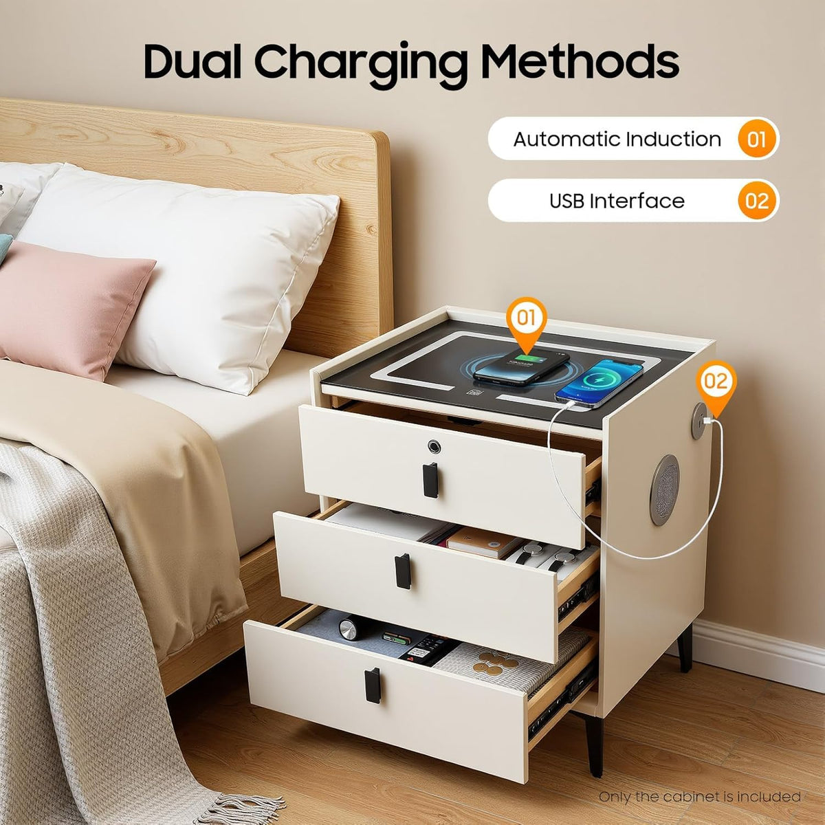 Beige 3 Drawer Smart Nightstand with Fingerprint Lock Z667591