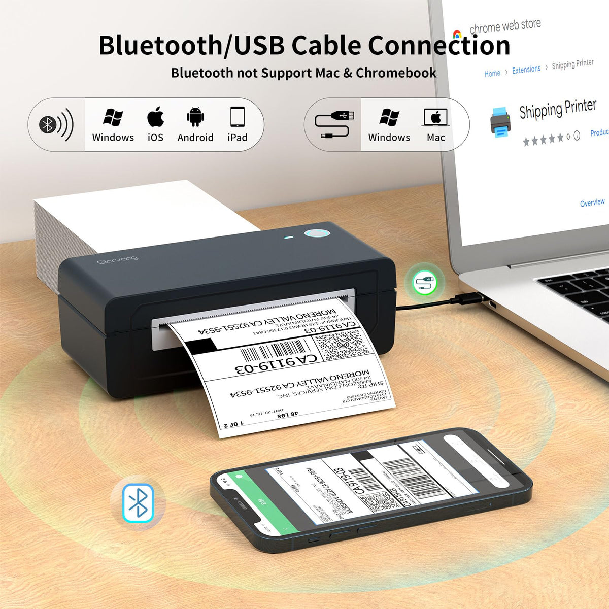 Bluetooth Thermal Shipping Label Printer, 4X6 Inkless Wireless Label Printer T3005