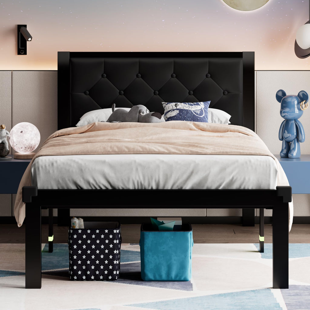 Twin Size Black Metal Platform Bed Frame with Faux Leather Tufted Headboard F8072