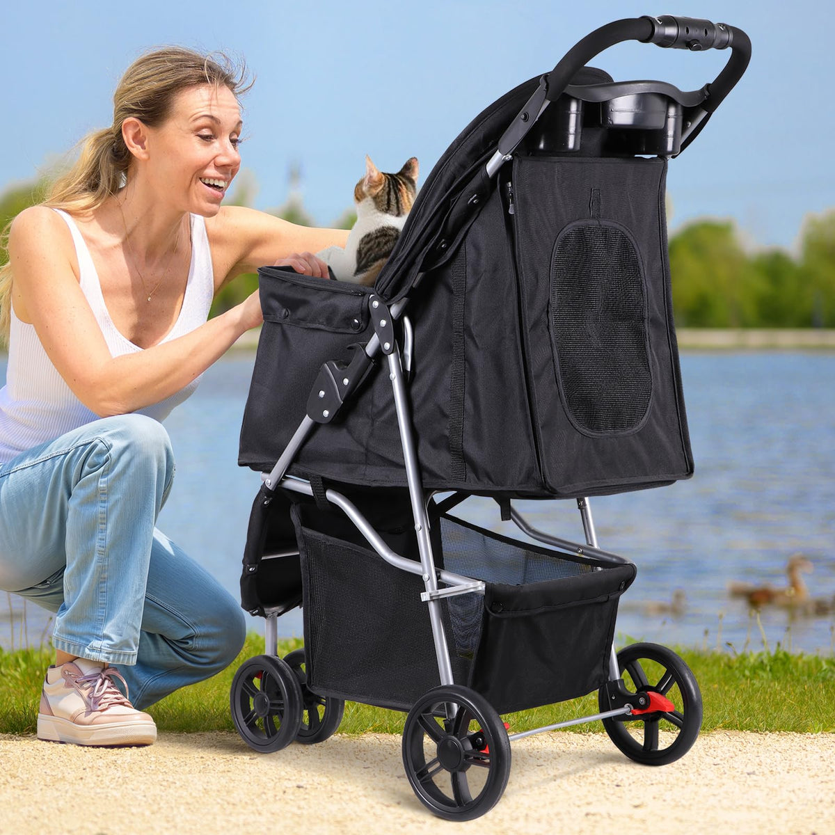 Foldable Pet Stroller with Weather Cover, Storage Basket and Cup Holder I529