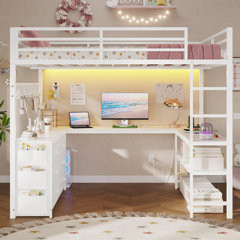 Full Size Loft Bed with U-Shaped Desk and 6 Storage Drawers O3402