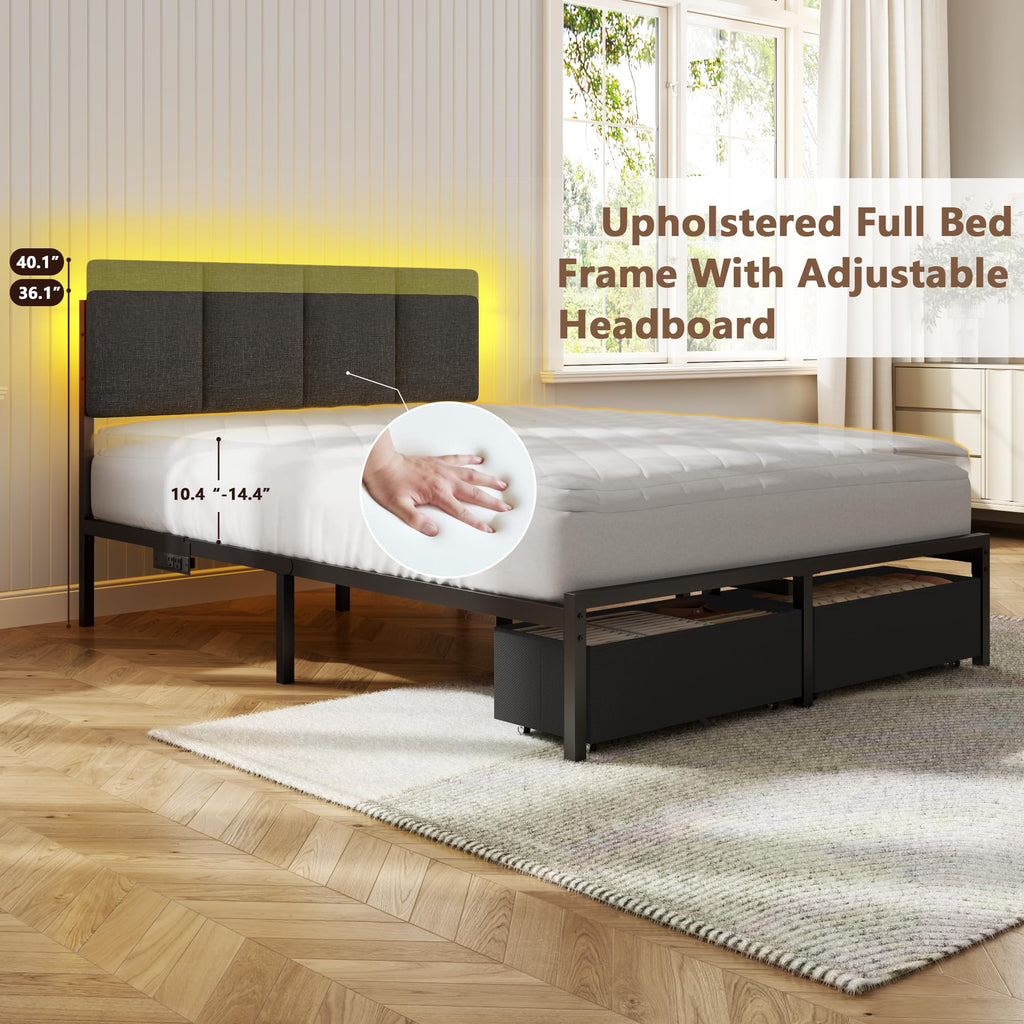 Full Size Bed Frame with Upholstered Headboard & 2 Storage Drawers Q203