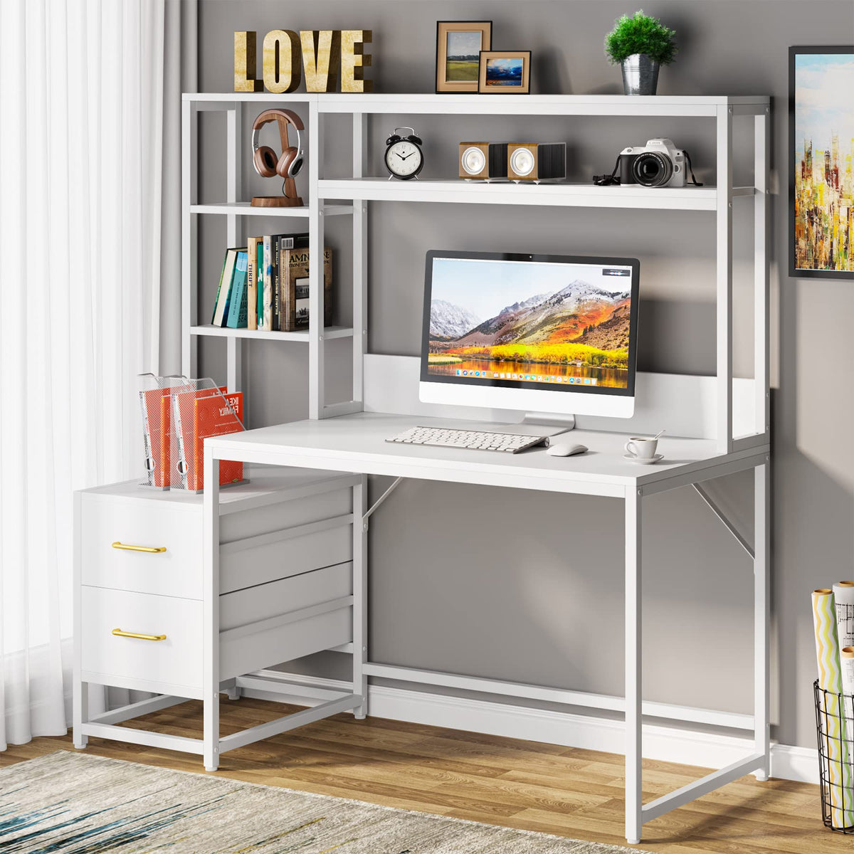 55 Inch Computer Desk with 2 Drawers and Storage Shelves X551569