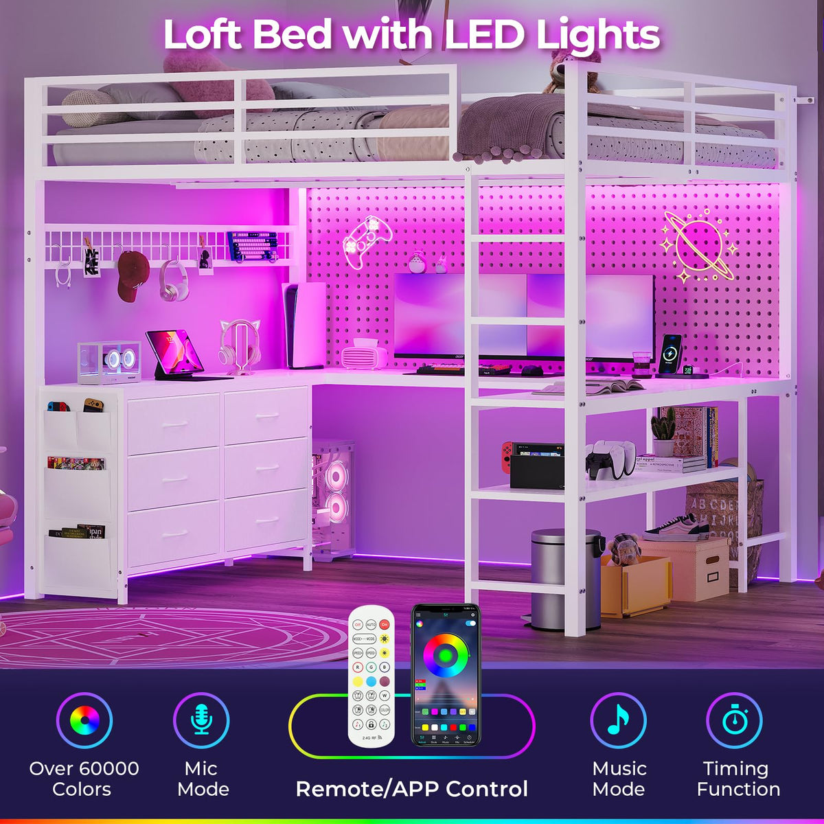 Full Size Loft Bed with U-Shaped Desk and 6 Storage Drawers O3402