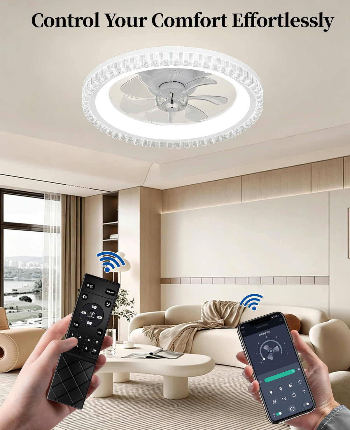 20" White Flush Mount Ceiling Fan with Light A9037