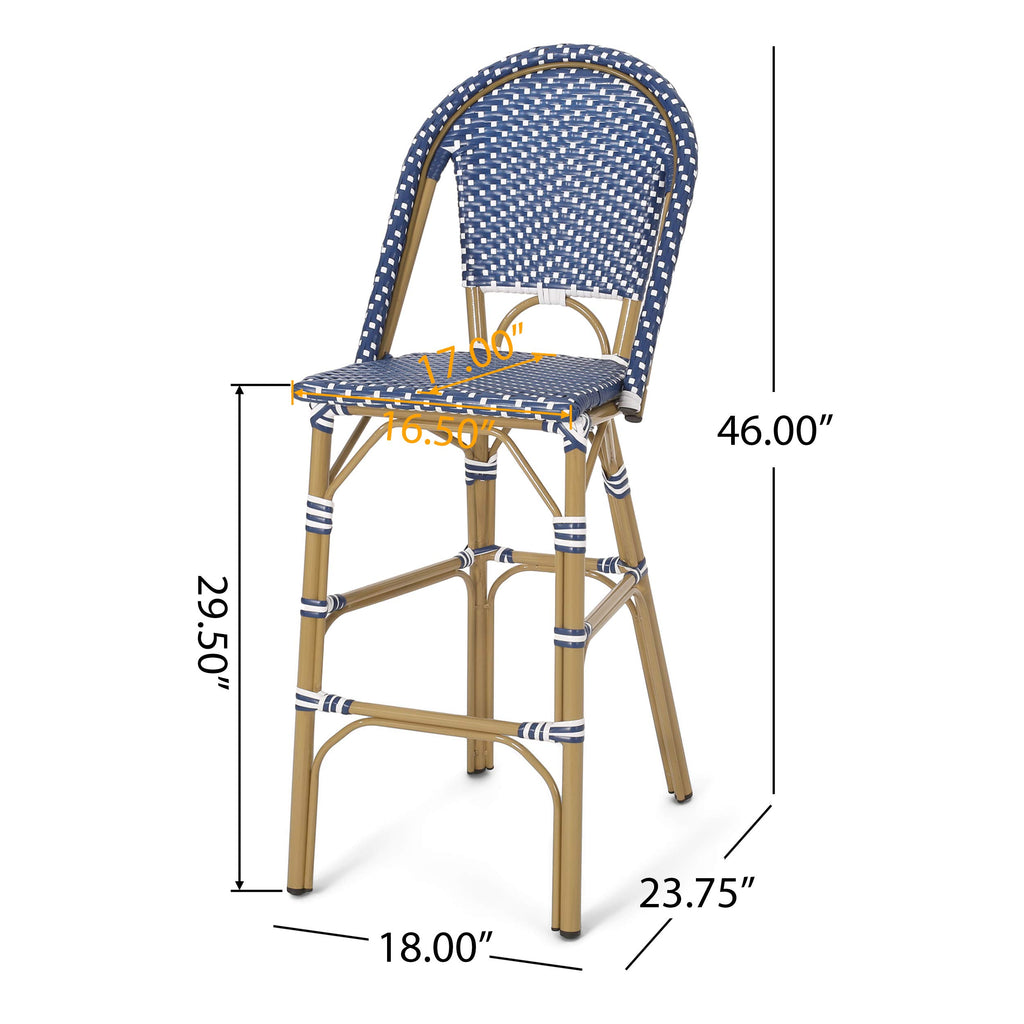 29.5" Bar Height Outdoor Stools Set of 2 Wicker Rattan Aluminum Teal Blue White F11646