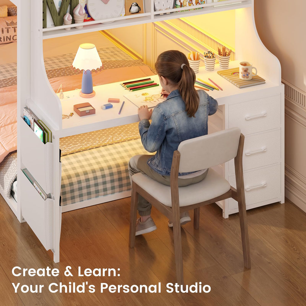White Twin Over Twin Low Bunk Bed with Desk & 3 Storage Drawers J8485