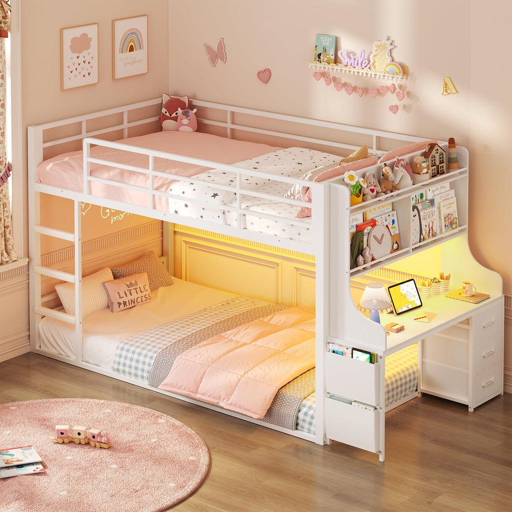 White Twin Over Twin Low Bunk Bed with Desk & 3 Storage Drawers J8485