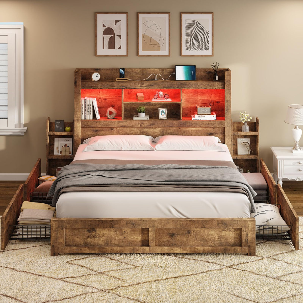 Full Bed Frame with Bookcase Headboard & Storage W740462