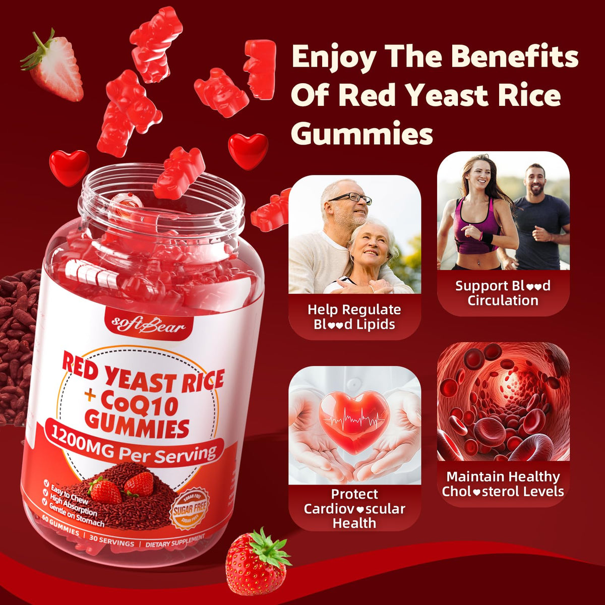 Sugar Free Red Yeast Rice with CoQ10 1200mg Strawberry Flavor 120 Count T7048