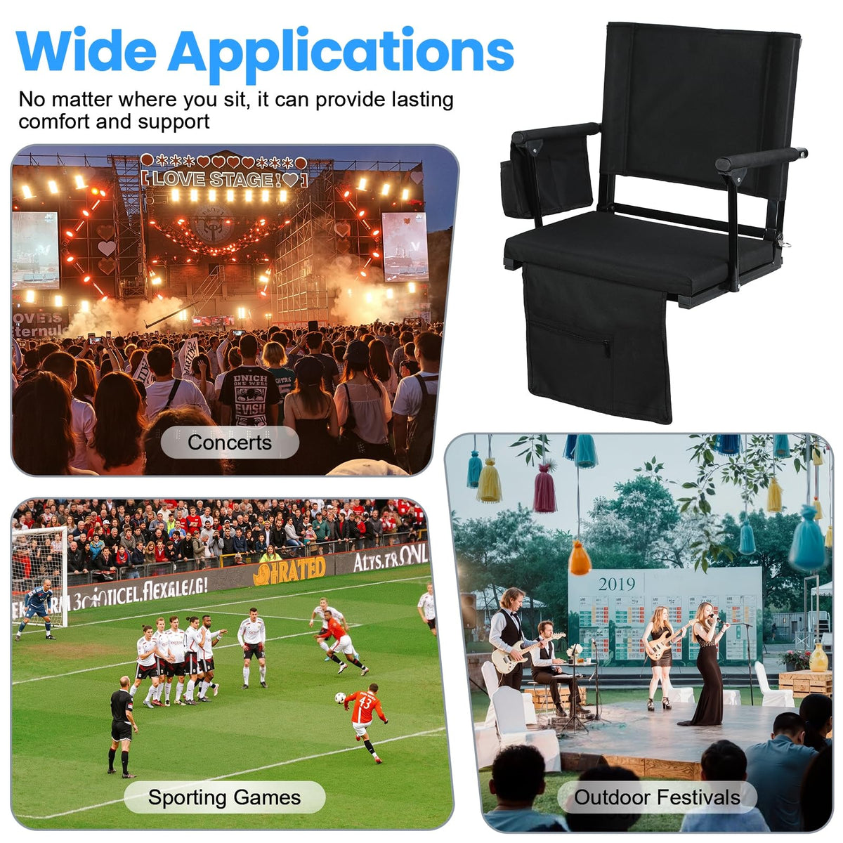 2 Pcs Folding Stadium Seat with Back Support & Cushion Black S672
