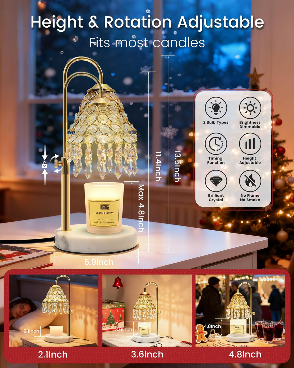 Crystal Candle Warmer Lamp with Timer, Adjustable Height, 50W Halogen Bulb, 5W Night Light, Gold N49806