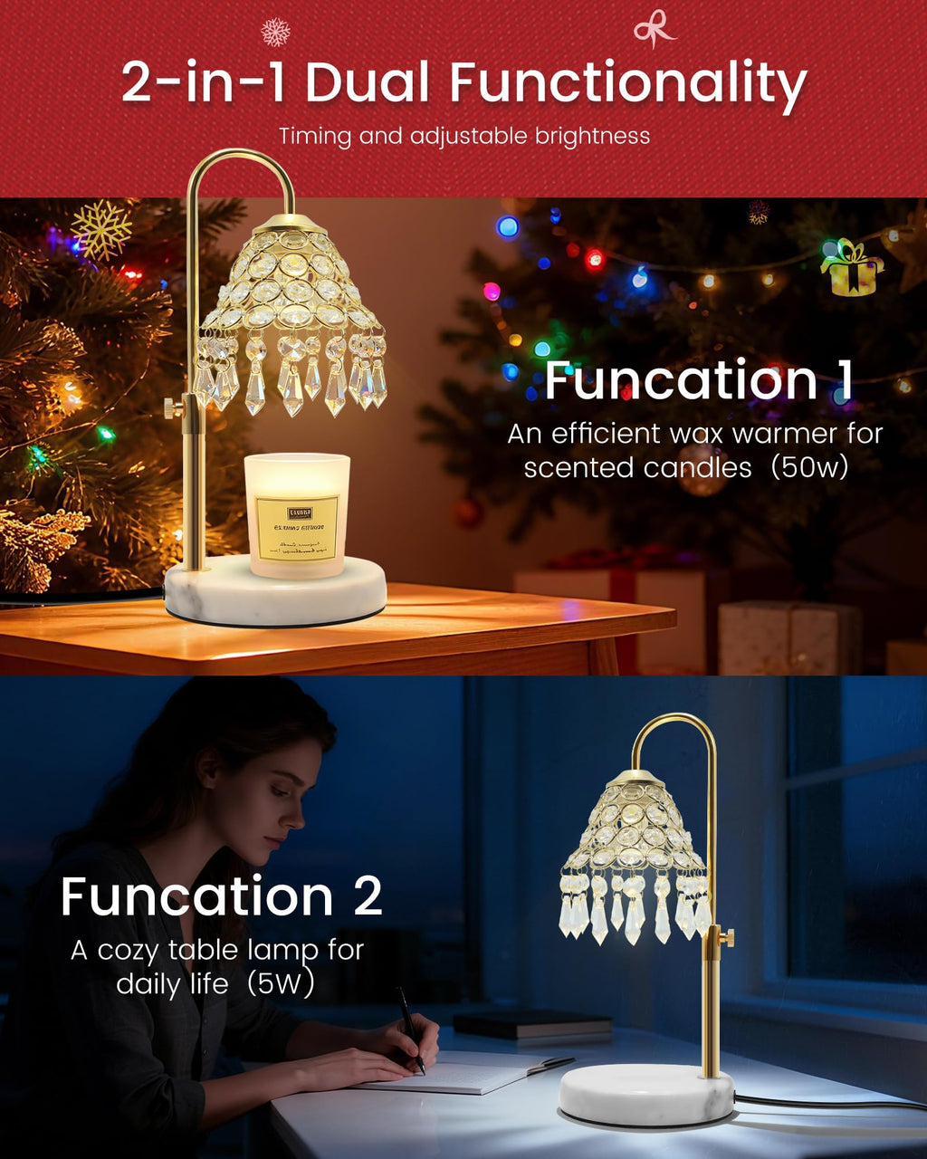 Crystal Candle Warmer Lamp with Timer, Adjustable Height, 50W Halogen Bulb, 5W Night Light, Gold N49806