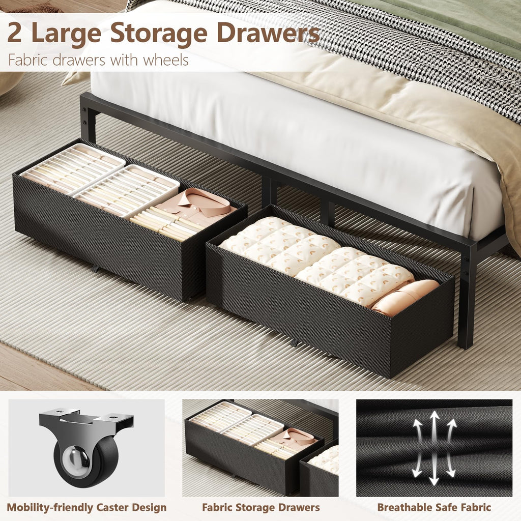 Full Size Bed Frame with Upholstered Headboard & 2 Storage Drawers Q203