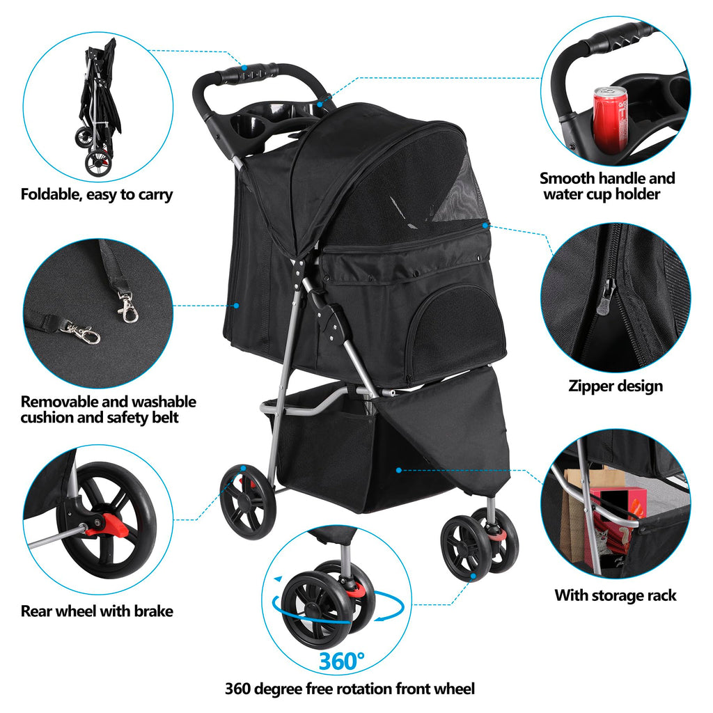 Foldable Pet Stroller with Weather Cover, Storage Basket and Cup Holder I529
