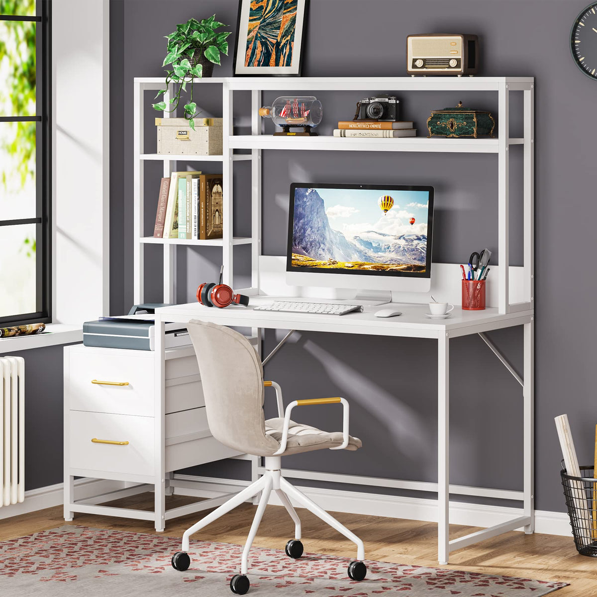 55 Inch Computer Desk with 2 Drawers and Storage Shelves X551569