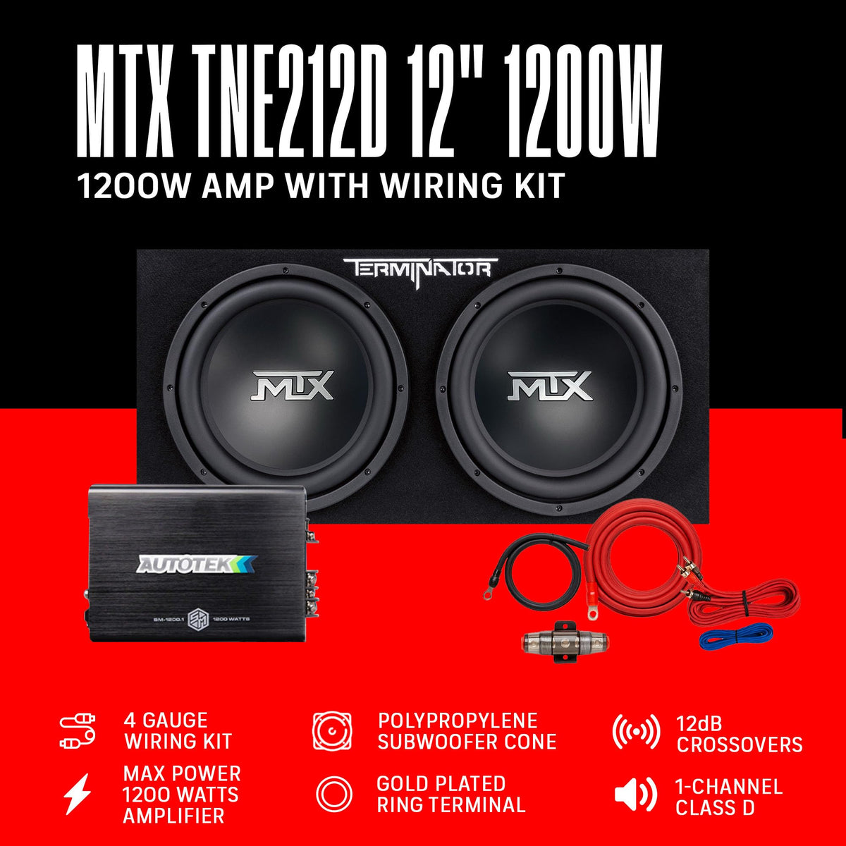 12" Subwoofer Box, Mono Amp & 4 Gauge Wiring Kit I2051