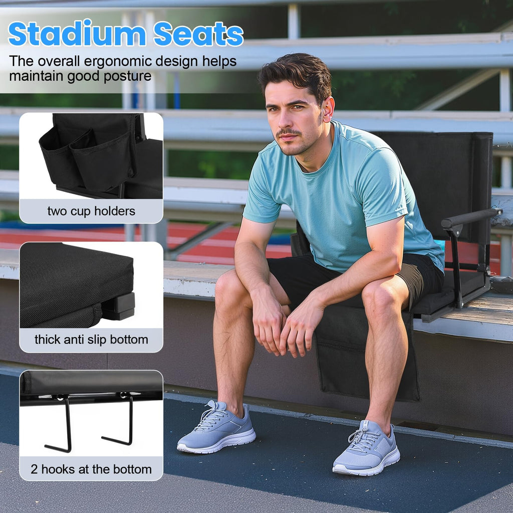 2 Pcs Folding Stadium Seat with Back Support & Cushion Black S672