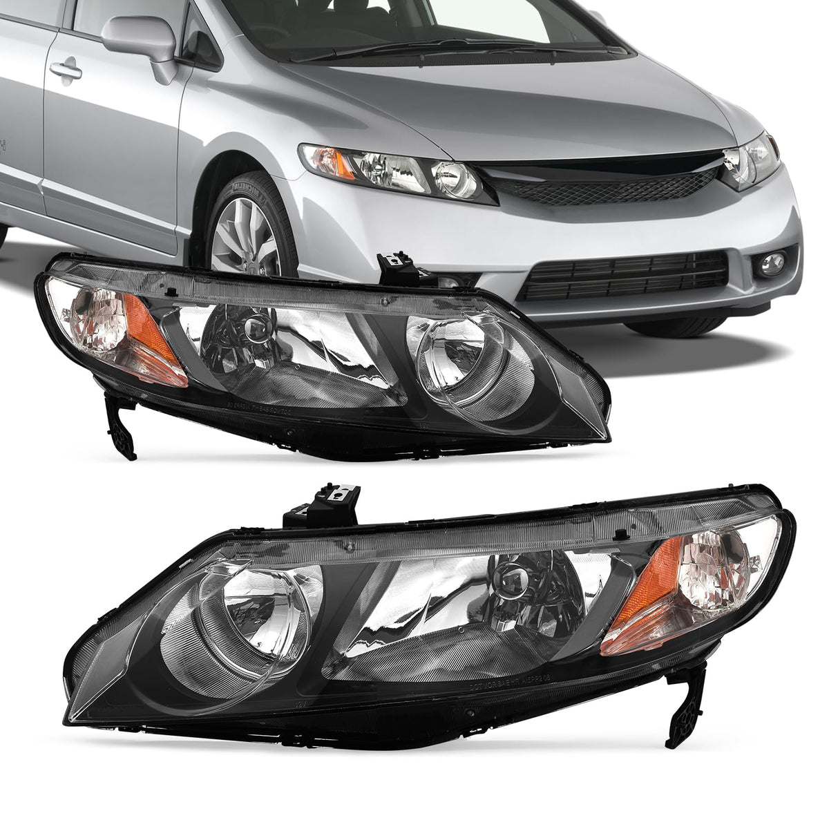 2006-2011 Honda Civic 4 Door Black Headlights Pair M54150