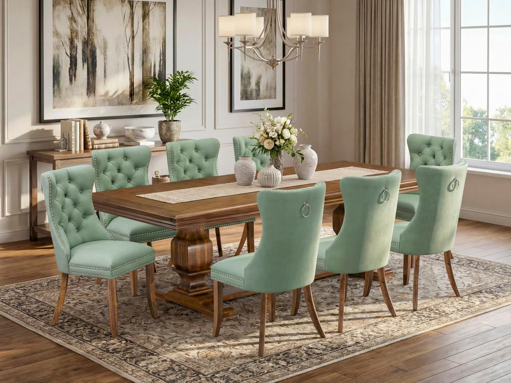 9 Piece Mid-century Dining Table Set with 8 Willow Green Polyester Chairs E514773