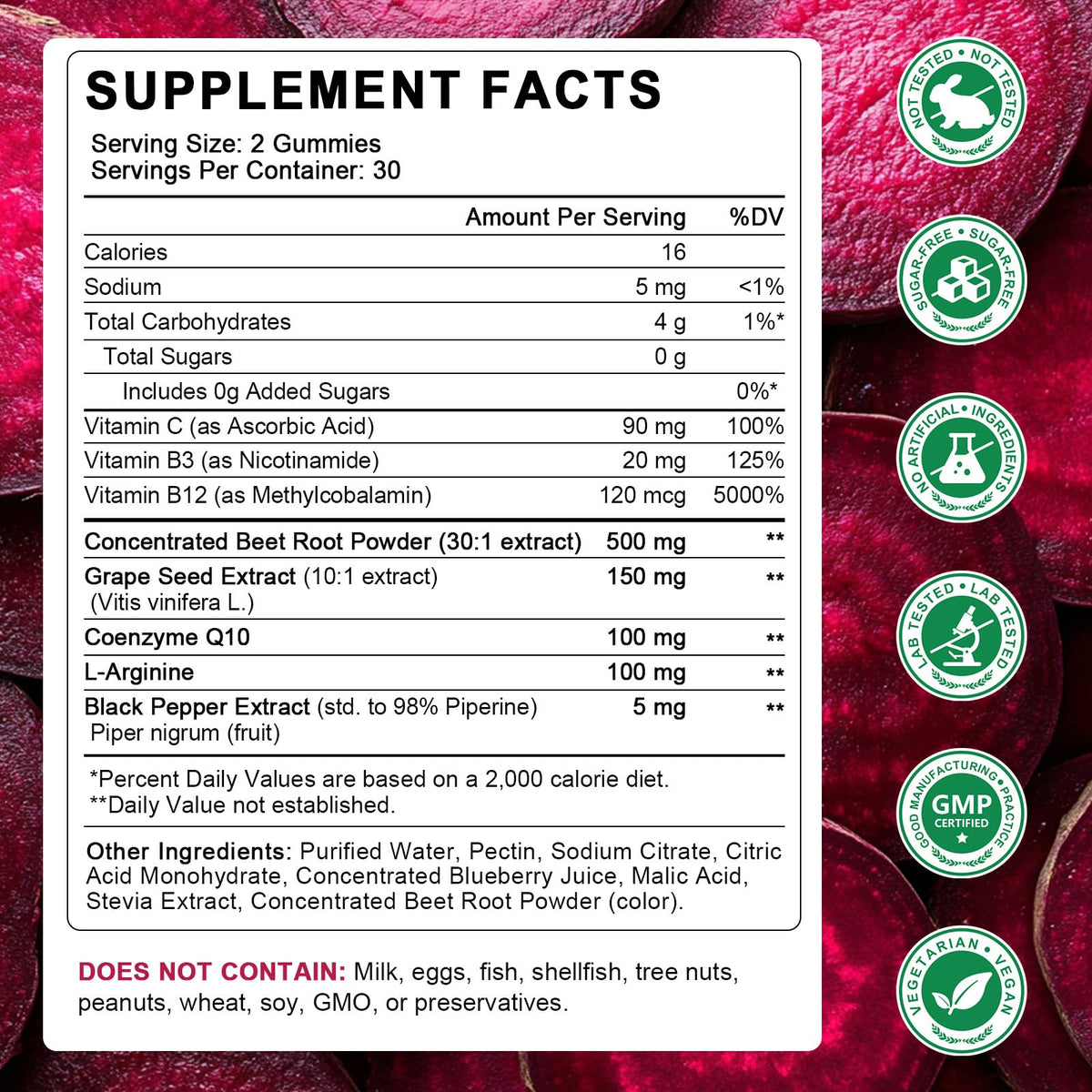 Beet Root Gummies with CoQ10, L-Arginine & Grape Seed Extract, Vegan, 60 Counts Z3675