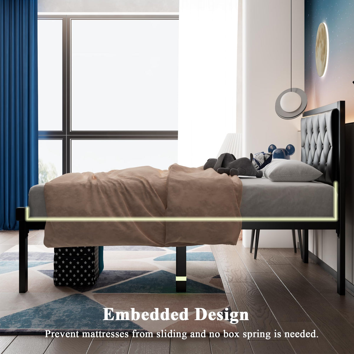 Twin Size Black Metal Platform Bed Frame with Faux Leather Tufted Headboard F8072