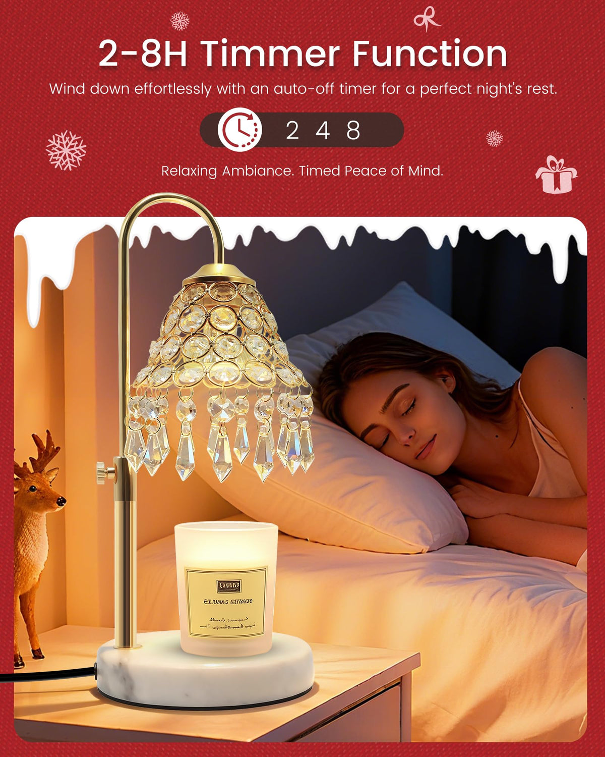 Crystal Candle Warmer Lamp with Timer, Adjustable Height, 50W Halogen Bulb, 5W Night Light, Gold N49806