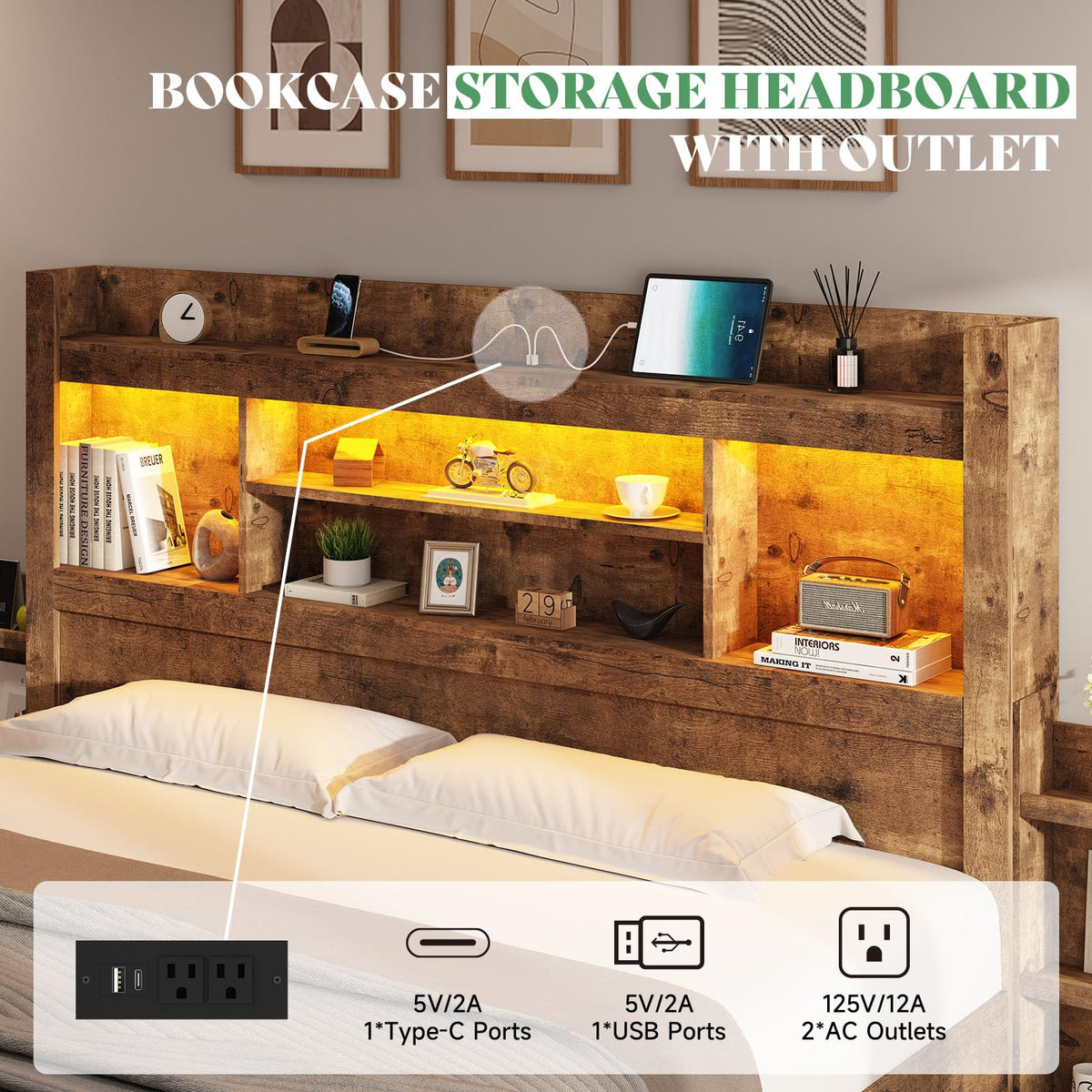 Full Bed Frame with Bookcase Headboard & Storage W740462
