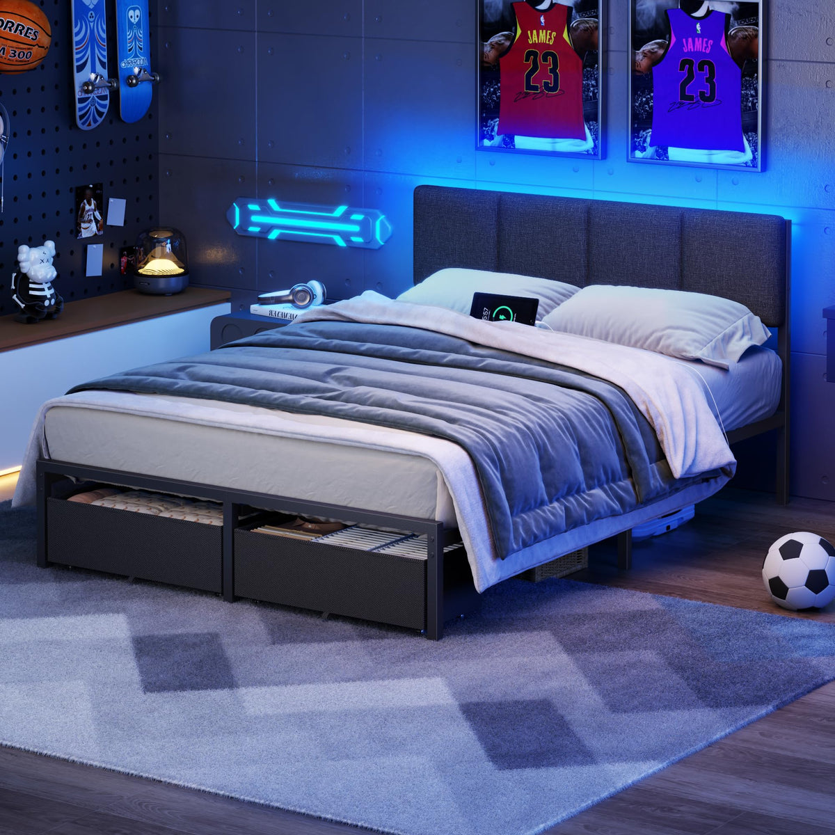 Full Size Bed Frame with Upholstered Headboard & 2 Storage Drawers Q203