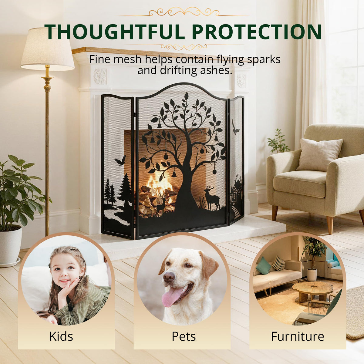 50" x 36" 3-Panel Tree Pattern Fireplace Screen W2437