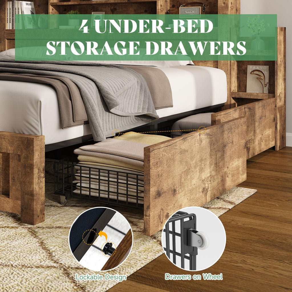 Full Bed Frame with Bookcase Headboard & Storage W740462