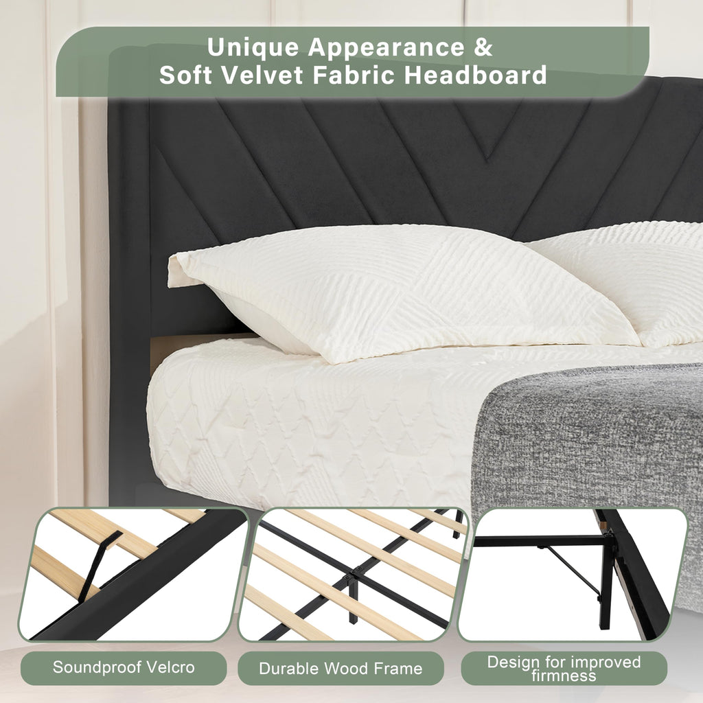 Queen Size Velvet Platform Bed Frame with Headboard E78158