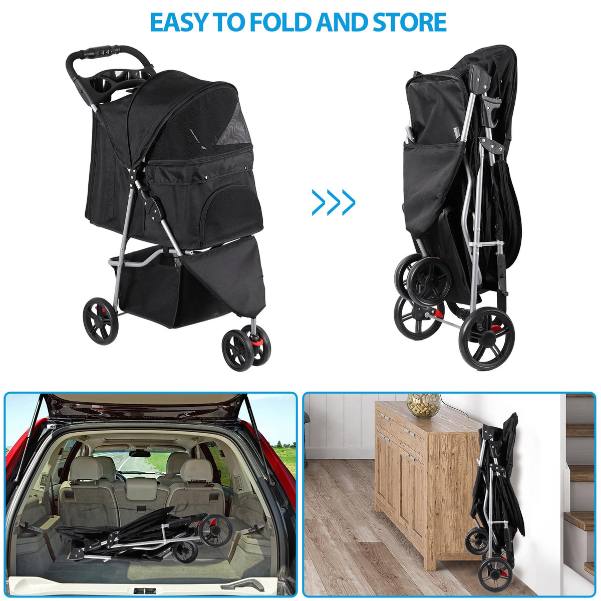 Foldable Pet Stroller with Weather Cover, Storage Basket and Cup Holder I529