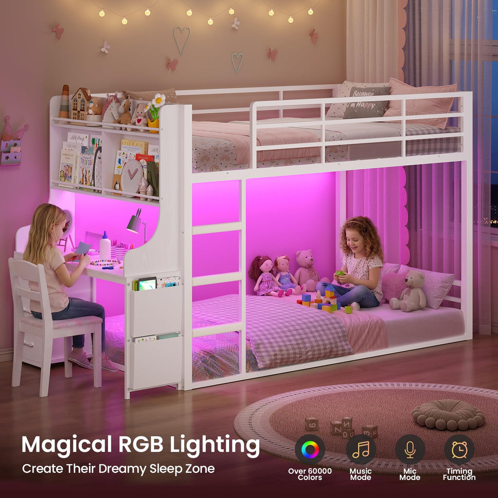 White Twin Over Twin Low Bunk Bed with Desk & 3 Storage Drawers J8485