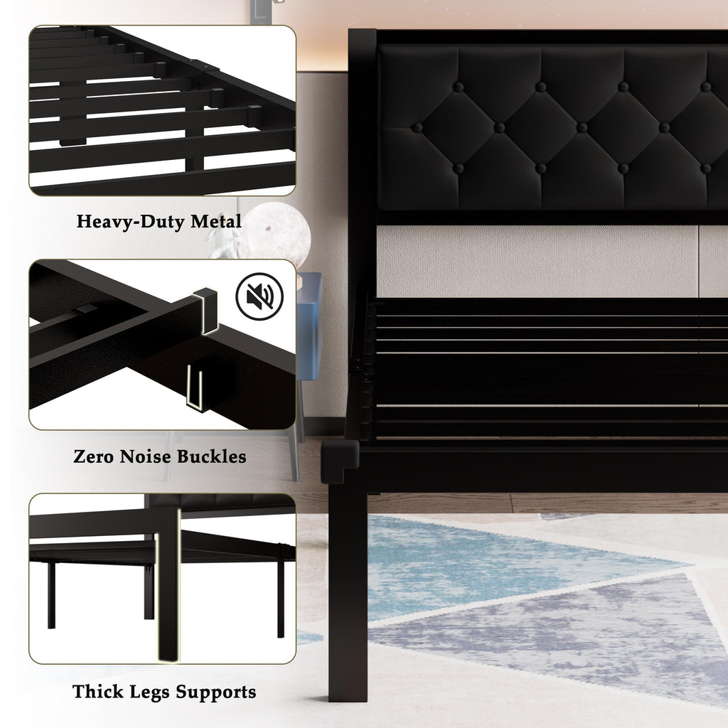 Twin Size Black Metal Platform Bed Frame with Faux Leather Tufted Headboard F8072
