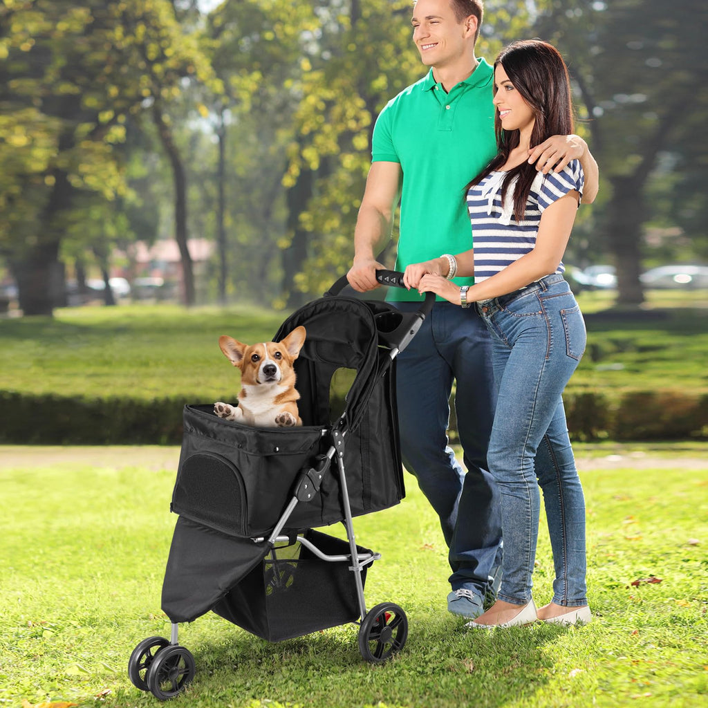 Foldable Pet Stroller with Weather Cover, Storage Basket and Cup Holder I529