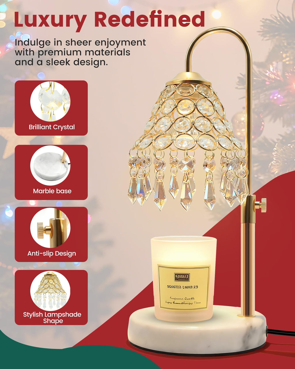 Crystal Candle Warmer Lamp with Timer, Adjustable Height, 50W Halogen Bulb, 5W Night Light, Gold N49806