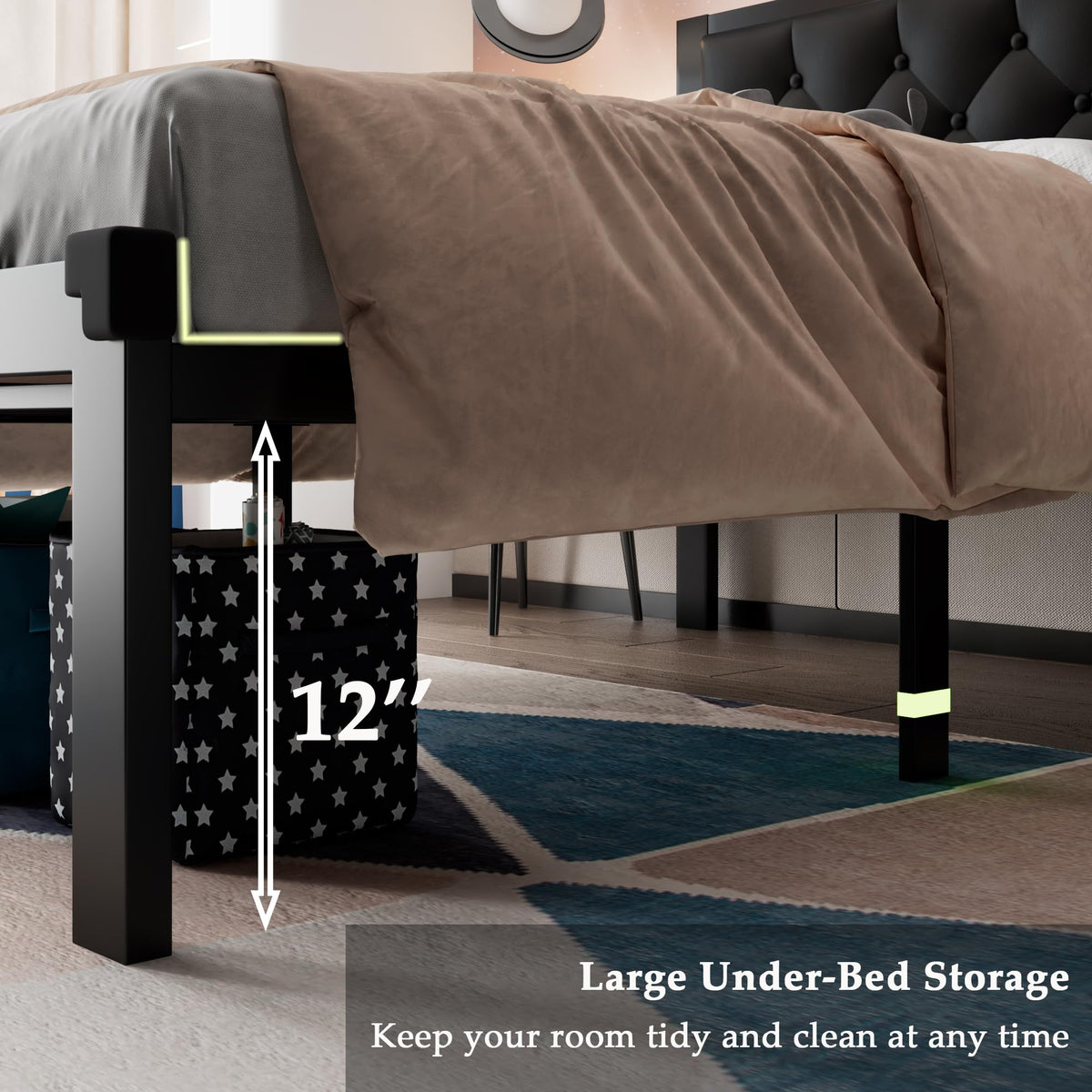 Twin Size Black Metal Platform Bed Frame with Faux Leather Tufted Headboard F8072
