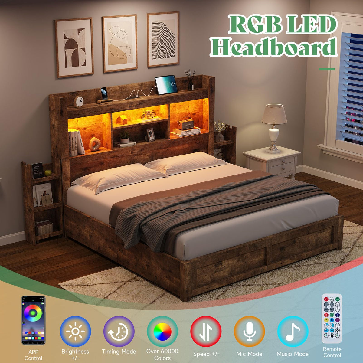 Full Bed Frame with Bookcase Headboard & Storage W740462