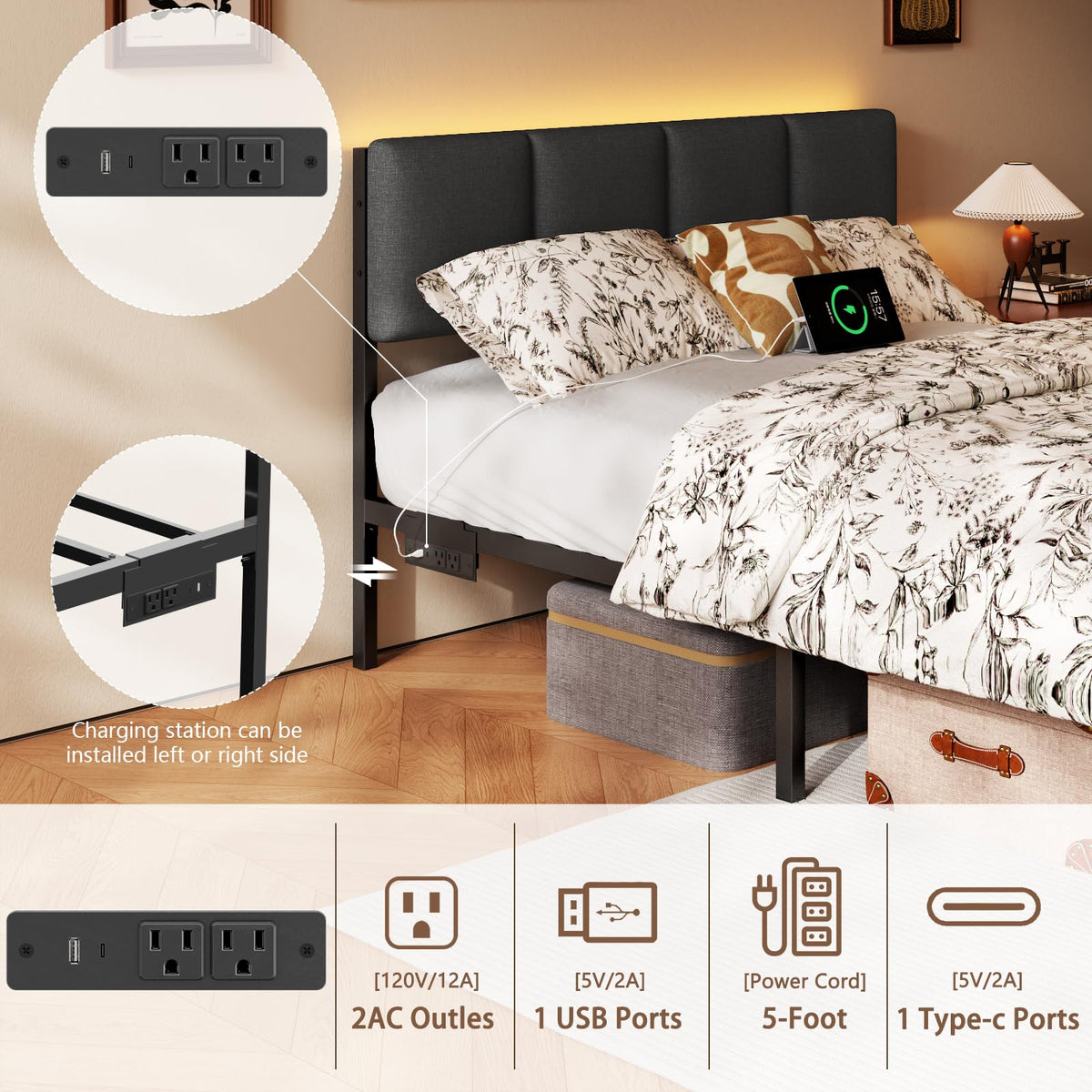 Full Size Bed Frame with Upholstered Headboard & 2 Storage Drawers Q203