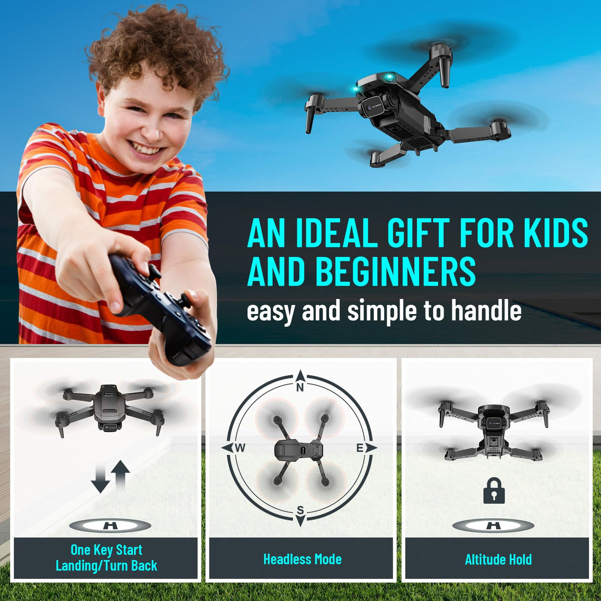 1080P HD Foldable Mini RC Drone with Camera, 2 Batteries U1720
