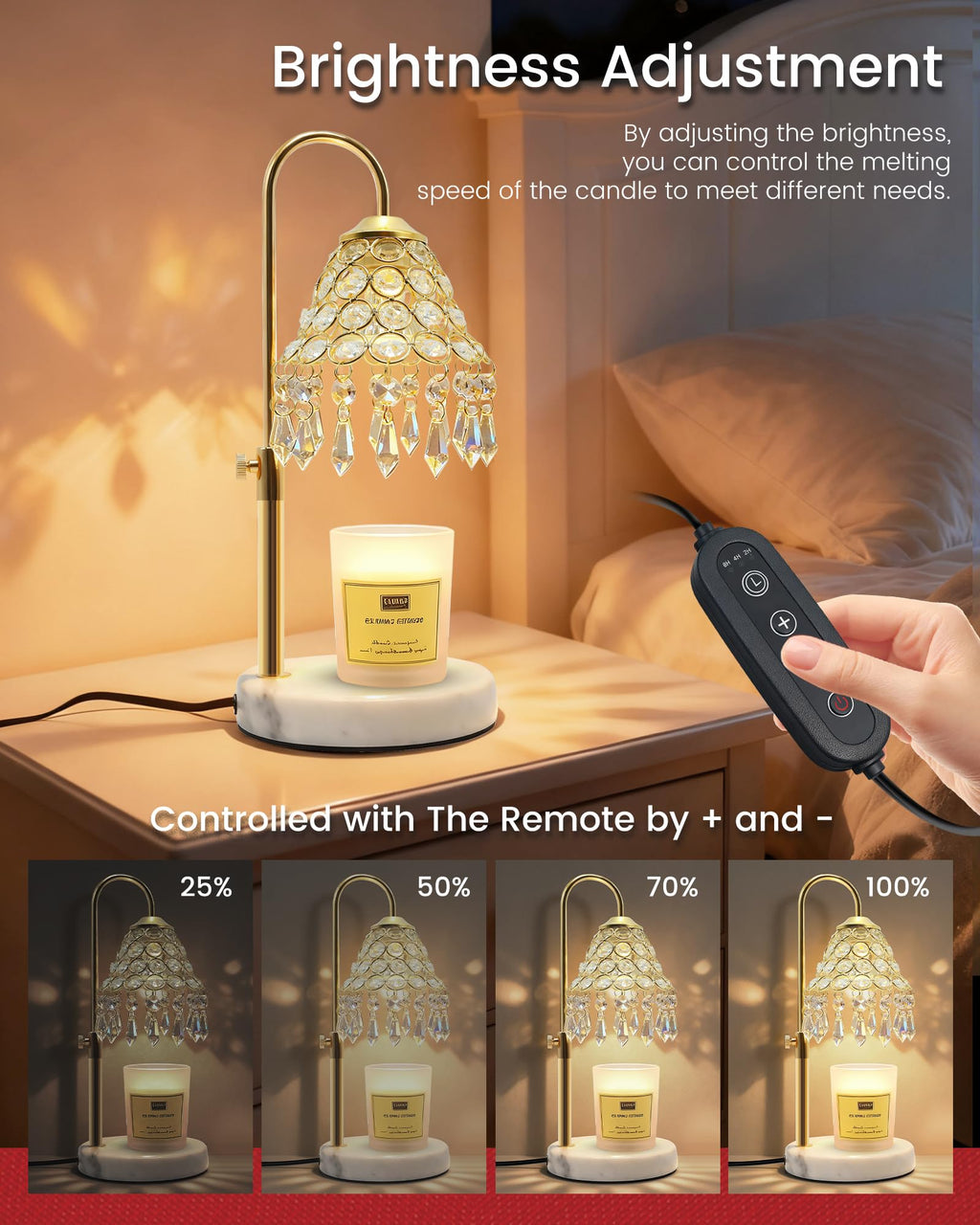 Crystal Candle Warmer Lamp with Timer, Adjustable Height, 50W Halogen Bulb, 5W Night Light, Gold N49806